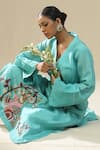 Buy_arpita sulakshana_Blue Silk, Organza Embroidery, Cut Work Split V-neck Sky Handpainted Kurta Set _Online_at_Aza_Fashions