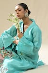 Shop_arpita sulakshana_Blue Silk, Organza Embroidery, Cut Work Split V-neck Sky Handpainted Kurta Set _Online_at_Aza_Fashions