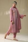 Buy_arpita sulakshana_Pink Silk, Organza Embroidery V-neck Dusty Handpainted Kurta Set _Online_at_Aza_Fashions