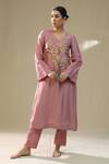 Shop_arpita sulakshana_Pink Silk, Organza Embroidery V-neck Dusty Handpainted Kurta Set _Online_at_Aza_Fashions