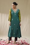 Buy_arpita sulakshana_Green Chanderi Silk, Organza Embroidery V-neck Emerald A Line Suit Set _Online_at_Aza_Fashions