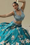 arpita sulakshana_Teal Silk, Net Embroidery Round Neck Green Handpainted Lehenga Set _Online_at_Aza_Fashions