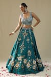 Shop_arpita sulakshana_Teal Silk, Net Embroidery Round Neck Green Handpainted Lehenga Set _Online_at_Aza_Fashions