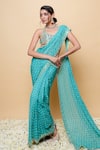 Sajeda A Lehry_Green Georgette Sequins, Embroidery Round Neck Hand Pre-draped Saree Set _Online_at_Aza_Fashions