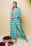 Sajeda A Lehry_Green Silk, Crepe Embroidery V-neck Designer Digital Print Kurta And Pant Set _Online_at_Aza_Fashions