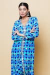 Sajeda A Lehry_Blue Silk, Crepe Embroidery V-neck Digital Print Hand Kurta Set _Online_at_Aza_Fashions