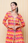 Sajeda A Lehry_Orange Silk, Crepe Embroidery V-neck Designer Hand Kurta Set _Online_at_Aza_Fashions