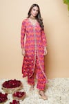 Buy_Sajeda A Lehry_Red Silk, Crepe Embroidery V-neck Hand Digital Print Kurta Set _Online_at_Aza_Fashions