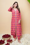 Buy_Sajeda A Lehry_Red Silk, Crepe Embroidery V-neck Hand Digital Print Kurta Set _at_Aza_Fashions