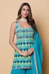 Shop_Sajeda A Lehry_Green Silk, Georgette Embroidery, Designer Digital Print Kurta Sharara Set _Online_at_Aza_Fashions
