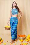 Buy_Sajeda A Lehry_Blue Silk, Crepe Embroidery Halter Neck Digital Print Crop Top And Skirt Set _at_Aza_Fashions