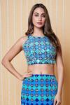 Buy_Sajeda A Lehry_Blue Silk, Crepe Embroidery Halter Neck Digital Print Crop Top And Skirt Set _Online_at_Aza_Fashions