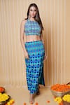 Shop_Sajeda A Lehry_Blue Silk, Crepe Embroidery Halter Neck Digital Print Crop Top And Skirt Set _at_Aza_Fashions