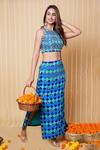 Shop_Sajeda A Lehry_Blue Silk, Crepe Embroidery Halter Neck Digital Print Crop Top And Skirt Set _Online_at_Aza_Fashions