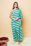 Sajeda A Lehry_Green Silk, Crepe Embroidery One Shoulder Digital Print Hand Kaftan _Online_at_Aza_Fashions