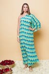 Buy_Sajeda A Lehry_Green Silk, Crepe Embroidery One Shoulder Digital Print Hand Kaftan _at_Aza_Fashions