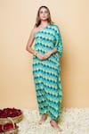Buy_Sajeda A Lehry_Green Silk, Crepe Embroidery One Shoulder Digital Print Hand Kaftan _Online_at_Aza_Fashions