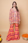 Buy_Sajeda A Lehry_Orange Silk, Georgette, Crepe Embroidery V-neck Digital Print Hand Sharara Set _at_Aza_Fashions