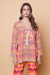 Sajeda A Lehry_Orange Silk, Georgette, Crepe Embroidery V-neck Digital Print Hand Sharara Set _Online_at_Aza_Fashions