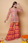 Shop_Sajeda A Lehry_Orange Silk, Georgette, Crepe Embroidery V-neck Digital Print Hand Sharara Set _Online_at_Aza_Fashions