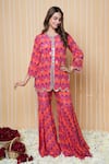 Buy_Sajeda A Lehry_Red Silk, Crepe Sequins, Lace Round Neck Mehek Hand Embroidered Sharara Set _at_Aza_Fashions