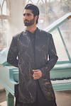 Buy_YAJY by Aditya Jain_Black Silk Embroidery, Zari And Gold Frozen Twilight Indo-western Set _Online_at_Aza_Fashions