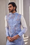 Shop_YAJY by Aditya Jain_Blue Silk Embroidery Frosted Blaze Kurta Jacket Set _Online_at_Aza_Fashions