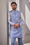 Buy_YAJY by Aditya Jain_Blue Silk Embroidery Frosted Blaze Kurta Jacket Set 