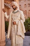 Shop_YAJY by Aditya Jain_Ivory Silk Beads, Sequins, Embroidery Designer Baraat Sherwani Set _at_Aza_Fashions