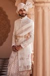 YAJY by Aditya Jain_Pink Silk Embroidery, Sequins Royal Snowfall Sherwani Set _Online_at_Aza_Fashions