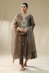 Buy_arpita sulakshana_Brown Chanderi Silk, Lurex, Cotton, Organza Tassels, Mocha Heart A Line Suit Set _at_Aza_Fashions