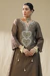 Shop_arpita sulakshana_Brown Chanderi Silk, Lurex, Cotton, Organza Tassels, Mocha Heart A Line Suit Set _Online_at_Aza_Fashions
