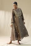 Buy_arpita sulakshana_Brown Chanderi Silk, Cotton Satin, Organza Tassels, Mocha A-line Kurta Set _Online_at_Aza_Fashions