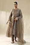 Buy_arpita sulakshana_Brown Chanderi Silk, Cotton Satin, Organza Tassels, Mocha A-line Kurta Set _at_Aza_Fashions