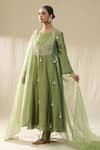 arpita sulakshana_Olive Green Chanderi Silk, Cotton, Silk, Organza Dori Zardozi A-line Suit Set _Online_at_Aza_Fashions