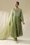 Buy_arpita sulakshana_Olive Green Chanderi Silk, Cotton, Silk, Organza Dori Zardozi A-line Suit Set _at_Aza_Fashions