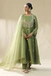 Buy_arpita sulakshana_Olive Green Chanderi Silk, Cotton, Silk, Organza Dori Zardozi A-line Suit Set _Online_at_Aza_Fashions