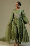 Shop_arpita sulakshana_Olive Green Chanderi Silk, Cotton, Silk, Organza Dori Zardozi A-line Suit Set _Online_at_Aza_Fashions