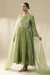 arpita sulakshana_Olive Green Chanderi Silk, Cotton, Silk, Organza Dori Zardozi A-line Suit Set _at_Aza_Fashions