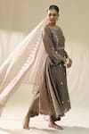 Buy_arpita sulakshana_Brown Chanderi Silk, Cotton, Silk, Organza Tassels Square Mocha A-line Suit Set _at_Aza_Fashions