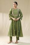 Shop_arpita sulakshana_Olive Green Chanderi Silk, Cotton, Silk, Organza Dori Zardozi A-line Suit Set _Online_at_Aza_Fashions