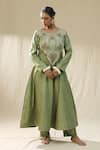 arpita sulakshana_Green Chanderi Silk, Cotton, Silk, Kota Doria Embroidery Round Pista Suit Set _at_Aza_Fashions