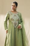 Buy_arpita sulakshana_Green Chanderi Silk, Cotton, Silk, Kota Doria Embroidery Round Pista Suit Set 