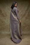 Shop_FATIZ_Gray Georgette, Tissue Embroidery High Neck Designer Grey Saree Set _at_Aza_Fashions