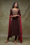 Buy_FATIZ_Brown Georgette, Lycra Embroidery Round Neck Kurta Set With Dupatta _at_Aza_Fashions