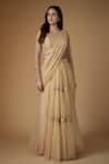 FATIZ_Gold Tulle Sequins, Embroidery Round Neck Champagne Pre-draped Saree Set _Online_at_Aza_Fashions