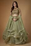 Buy_FATIZ_Sapphire Tulle Embroidery, Sequins Round Neck Sage Green Designer Lehenga Set _Online_at_Aza_Fashions