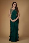 Buy_FATIZ_Green Georgette, Tulle Embroidery, Beads Round Neck Bottle Pre-draped Saree Set _at_Aza_Fashions