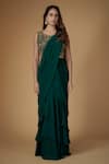 FATIZ_Green Georgette, Tulle Embroidery, Beads Round Neck Bottle Pre-draped Saree Set _Online_at_Aza_Fashions