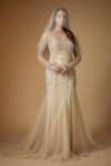 Buy_FATIZ_Gold Tulle, Lycra Sequins, Beads Square Champagne Embroidered Designer Gown _at_Aza_Fashions